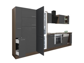 Yorki 370 konyhabútor yorki tölgy korpusz,selyemfényű antracit front alsó sütős elemmel polcos szekrénnyel és alulfagyasztós hűtős szekrénnyel