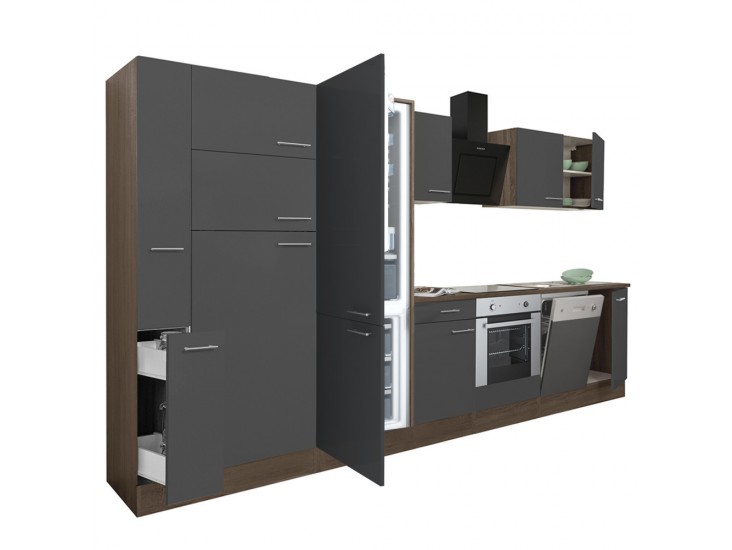 Yorki 370 konyhabútor yorki tölgy korpusz,selyemfényű antracit front alsó sütős elemmel polcos szekrénnyel és alulfagyasztós hűtős szekrénnyel