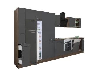 Yorki 370 konyhabútor yorki tölgy korpusz,selyemfényű antracit front alsó sütős elemmel polcos szekrénnyel és felülfagyasztós hűtős szekrénnyel