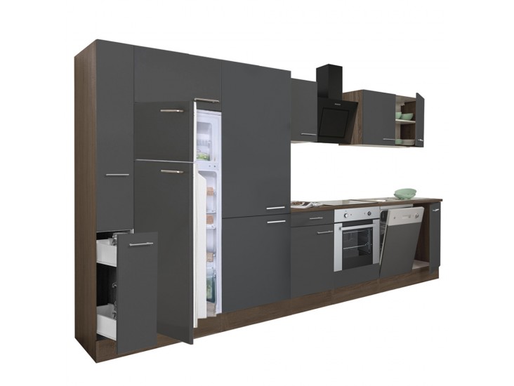 Yorki 370 konyhabútor yorki tölgy korpusz,selyemfényű antracit front alsó sütős elemmel polcos szekrénnyel és felülfagyasztós hűtős szekrénnyel