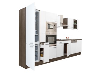 Yorki 370 konyhabútor yorki tölgy korpusz,selyemfényű fehér fronttal alulfagyasztós hűtős szekrénnyel