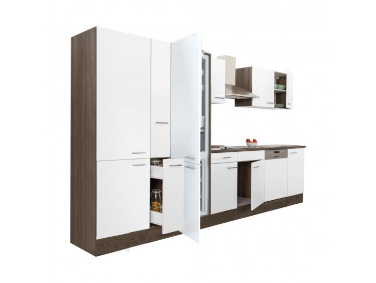 Yorki 370 konyhabútor yorki tölgy korpusz,selyemfényű fehér fronttal polcos szekrénnyel és alulfagyasztós hűtős szekrénnyel