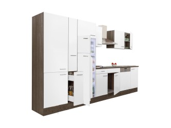 Yorki 370 konyhabútor yorki tölgy korpusz,selyemfényű fehér fronttal polcos szekrénnyel és felülfagyasztós hűtős szekrénnyel