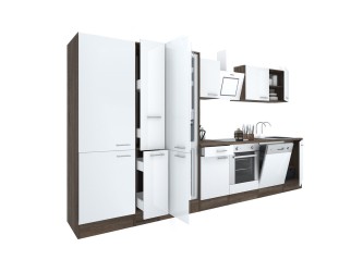 Yorki 370 konyhabútor yorki tölgy korpusz,selyemfényű fehér front alsó sütős elemmel polcos szekrénnyel és alulfagyasztós hűtős szekrénnyel