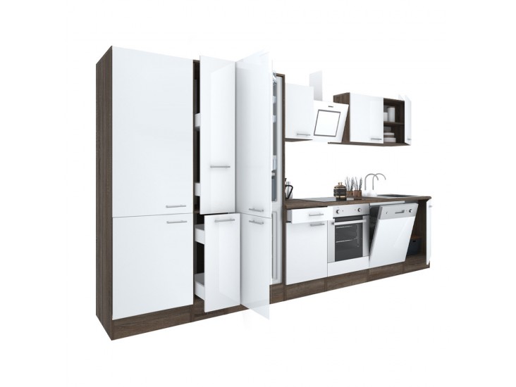 Yorki 370 konyhabútor yorki tölgy korpusz,selyemfényű fehér front alsó sütős elemmel polcos szekrénnyel és alulfagyasztós hűtős szekrénnyel