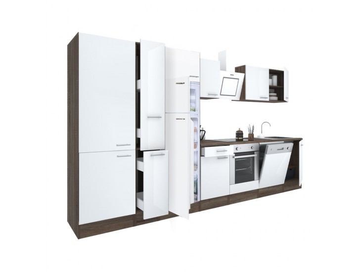 Yorki 370 konyhabútor yorki tölgy korpusz,selyemfényű fehér front alsó sütős elemmel polcos szekrénnyel és felülfagyasztós hűtős szekrénnyel