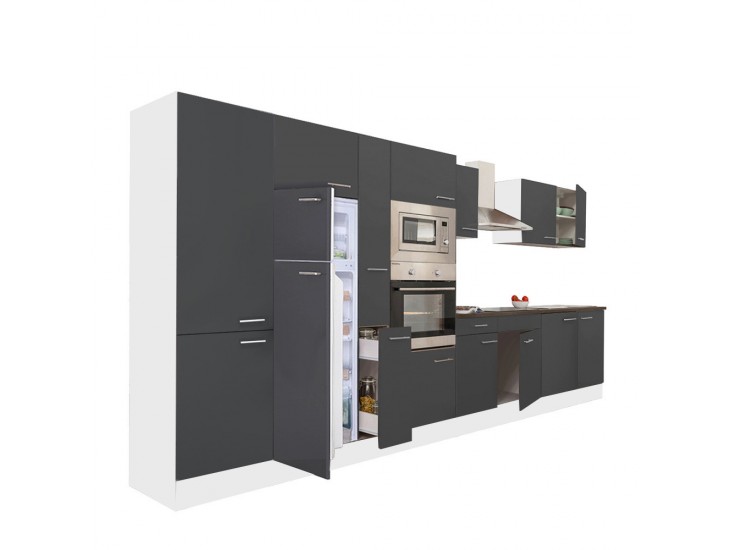 Yorki 420 konyhabútor fehér korpusz,selyemfényű antracit fronttal felülfagyasztós hűtős szekrénnyel