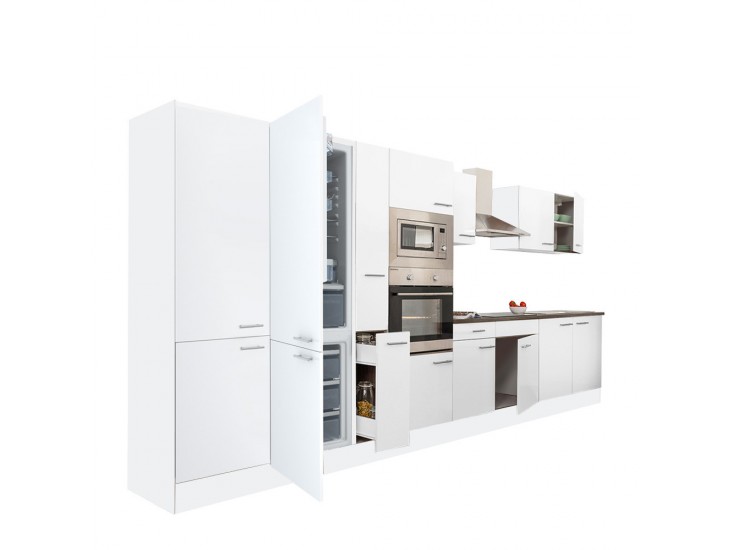 Yorki 420 konyhabútor fehér korpusz,selyemfényű fehér fronttal alulfagyasztós hűtős szekrénnyel