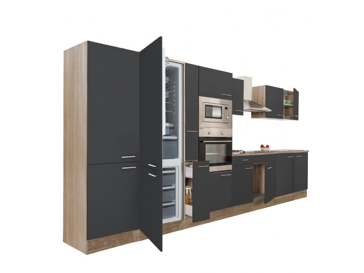 Yorki 420 konyhabútor sonoma tölgy korpusz,selyemfényű antracit fronttal alulfagyasztós hűtős szekrénnyel