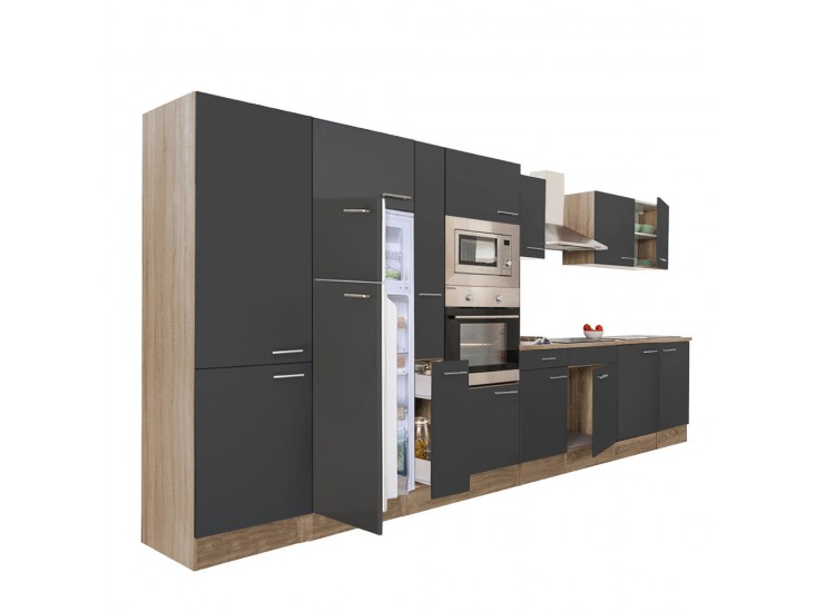 Yorki 420 konyhabútor sonoma tölgy korpusz,selyemfényű antracit fronttal felülfagyasztós hűtős szekrénnyel