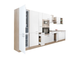 Yorki 420 konyhabútor sonoma tölgy korpusz,selyemfényű fehér fronttal alulfagyasztós hűtős szekrénnyel