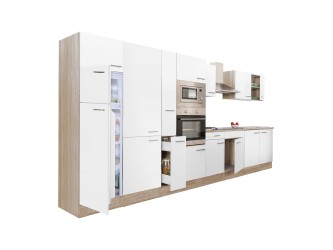 Yorki 420 konyhabútor sonoma tölgy korpusz,selyemfényű fehér fronttal felülfagyasztós hűtős szekrénnyel