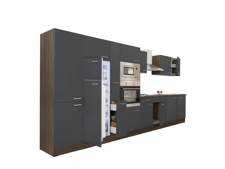 Yorki 420 konyhabútor yorki tölgy korpusz,selyemfényű antracit fronttal felülfagyasztós hűtős szekrénnyel