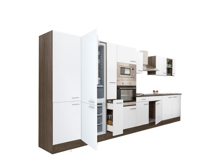 Yorki 420 konyhabútor yorki tölgy korpusz,selyemfényű fehér fronttal alulfagyasztós hűtős szekrénnyel