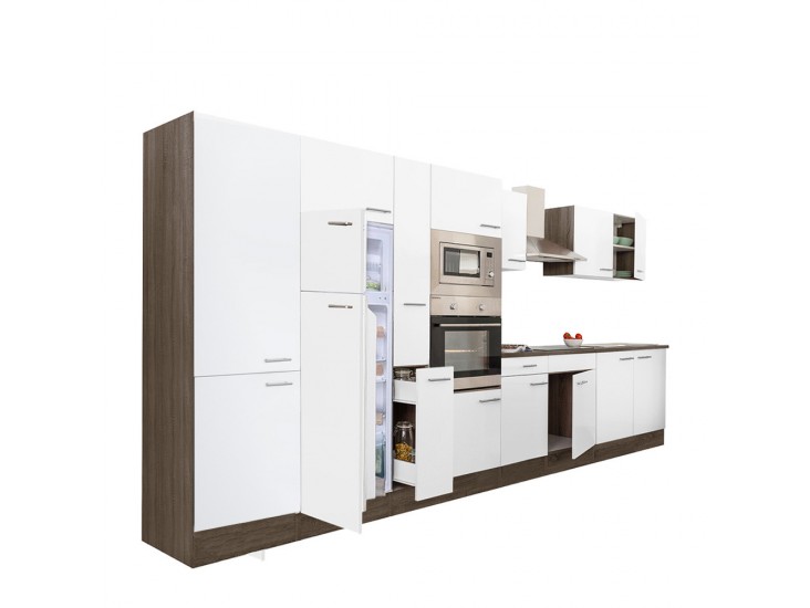 Yorki 420 konyhabútor yorki tölgy korpusz,selyemfényű fehér fronttal felülfagyasztós hűtős szekrénnyel