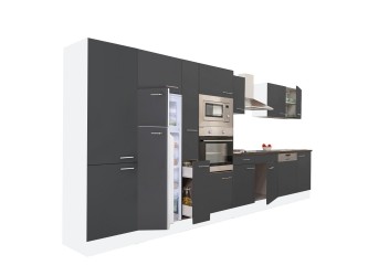 Yorki 430 konyhabútor fehér korpusz,selyemfényű antracit fronttal felülfagyasztós hűtős szekrénnyel