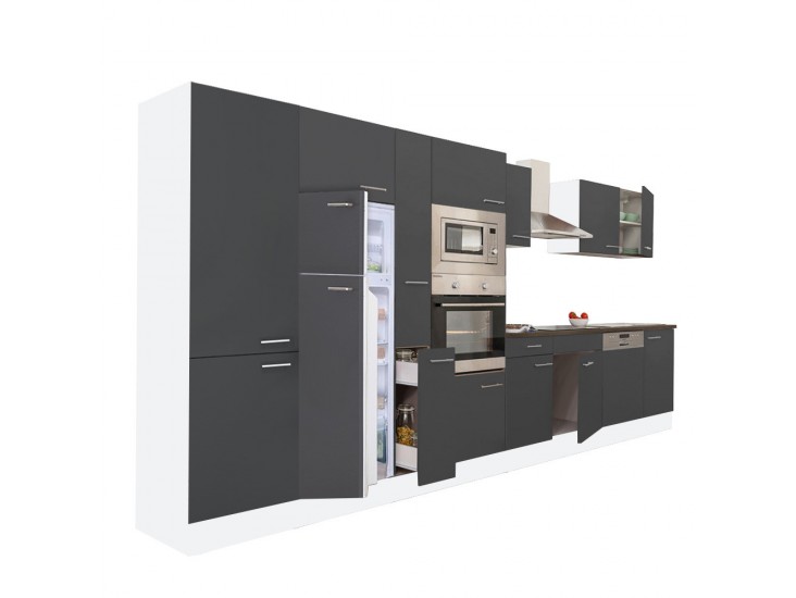 Yorki 430 konyhabútor fehér korpusz,selyemfényű antracit fronttal felülfagyasztós hűtős szekrénnyel