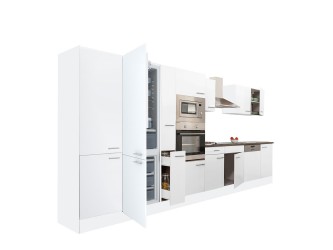 Yorki 430 konyhabútor fehér korpusz,selyemfényű fehér fronttal alulfagyasztós hűtős szekrénnyel