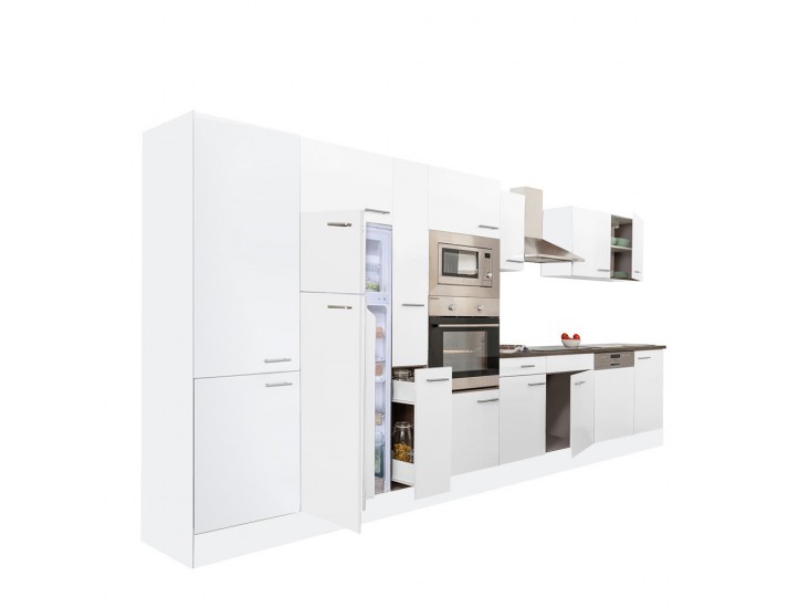 Yorki 430 konyhabútor fehér korpusz,selyemfényű fehér fronttal felülfagyasztós hűtős szekrénnyel