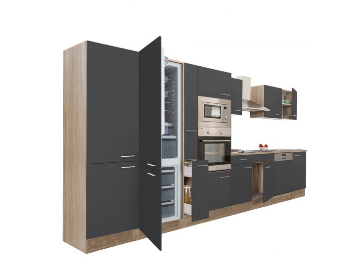 Yorki 430 konyhabútor sonoma tölgy korpusz,selyemfényű antracit fronttal alulfagyasztós hűtős szekrénnyel