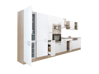 Yorki 430 konyhabútor sonoma tölgy korpusz,selyemfényű fehér fronttal alulfagyasztós hűtős szekrénnyel