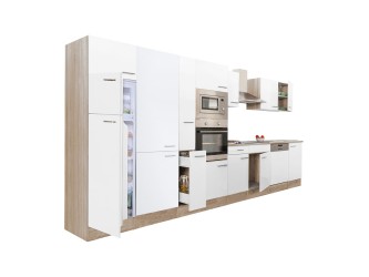 Yorki 430 konyhabútor sonoma tölgy korpusz,selyemfényű fehér fronttal felülfagyasztós hűtős szekrénnyel