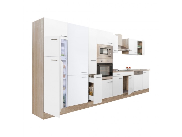 Yorki 430 konyhabútor sonoma tölgy korpusz,selyemfényű fehér fronttal felülfagyasztós hűtős szekrénnyel