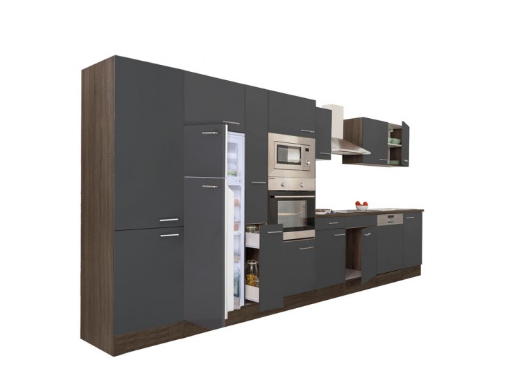 Yorki 430 konyhabútor yorki tölgy korpusz,selyemfényű antracit fronttal felülfagyasztós hűtős szekrénnyel