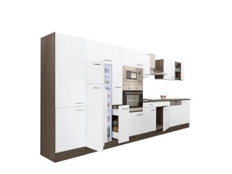 Yorki 430 konyhabútor yorki tölgy korpusz,selyemfényű fehér fronttal felülfagyasztós hűtős szekrénnyel