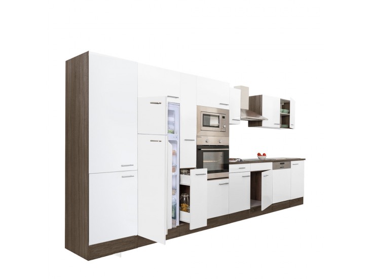 Yorki 430 konyhabútor yorki tölgy korpusz,selyemfényű fehér fronttal felülfagyasztós hűtős szekrénnyel