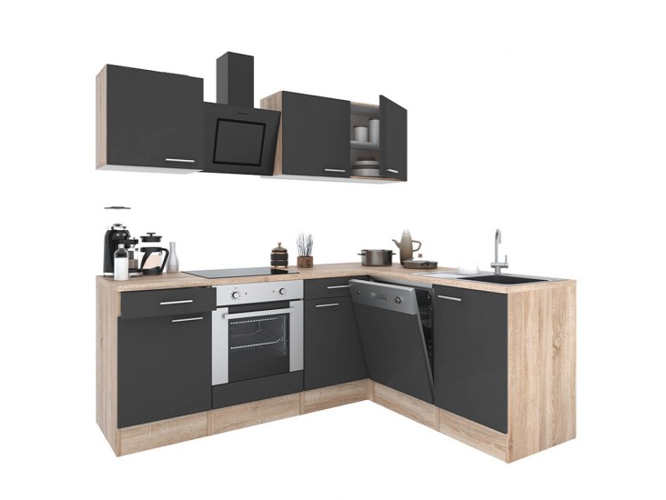 Yorki 220 sarok konyhabútor sonoma tölgy korpusz,selyemfényű antracit fronttal alsó sütős elemmel