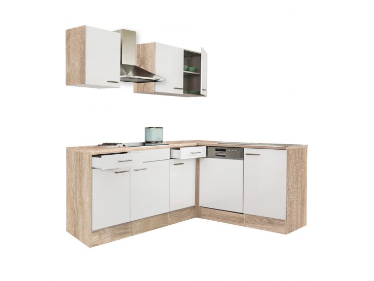 Yorki 220 sarok konyhabútor sonoma tölgy korpusz,selyemfényű fehér fronttal