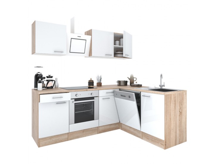 Yorki 220 sarok konyhabútor sonoma tölgy korpusz,selyemfényű fehér fronttal alsó sütős elemmel