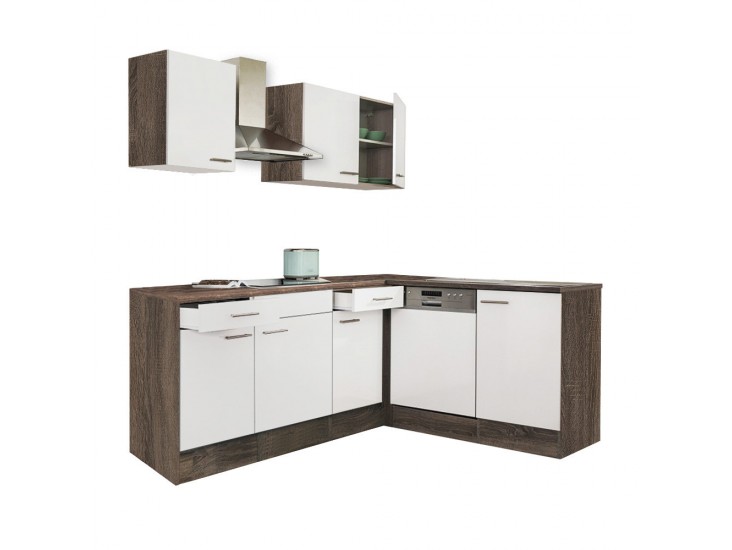 Yorki 220 sarok konyhabútor yorki tölgy korpusz,selyemfényű fehér fronttal