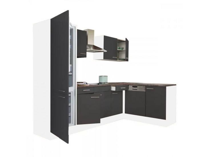 Yorki 280 sarok konyhabútor fehér korpusz,selyemfényű antracit fronttal alulagyasztós hűtős szekrénnyel