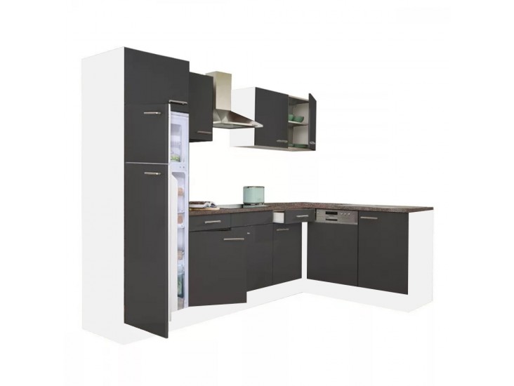 Yorki 280 sarok konyhabútor fehér korpusz,selyemfényű antracit fronttal felülfagyasztós hűtős szekrénnyel