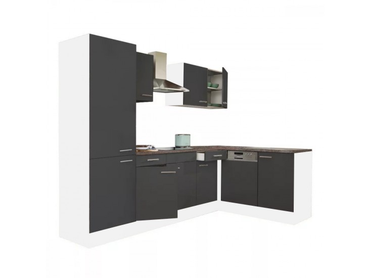 Yorki 280 sarok konyhabútor fehér korpusz,selyemfényű antracit fronttal polcos szekrénnyel