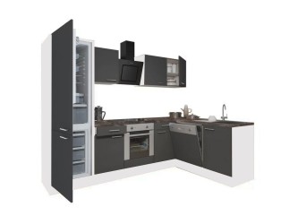 Yorki 280 sarok konyhabútor fehér korpusz,selyemfényű antracit front alsó sütős elemmel alulagyasztós hűtős szekrénnyel