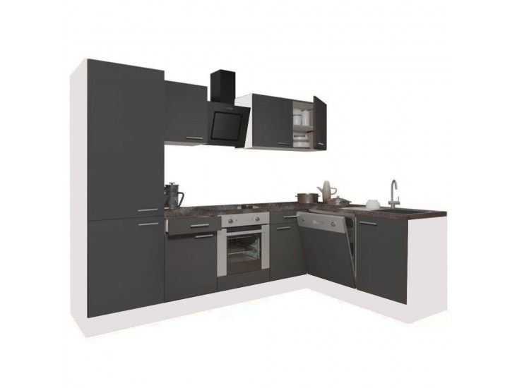 Yorki 280 sarok konyhabútor fehér korpusz,selyemfényű antracit front alsó sütős elemmel polcos szekrénnyel