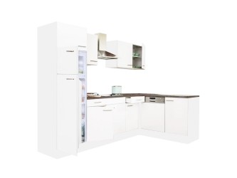 Yorki 280 sarok konyhabútor fehér korpusz,selyemfényű fehér fronttal felülfagyasztós hűtős szekrénnyel