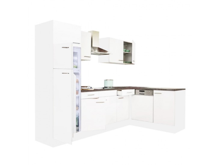 Yorki 280 sarok konyhabútor fehér korpusz,selyemfényű fehér fronttal felülfagyasztós hűtős szekrénnyel