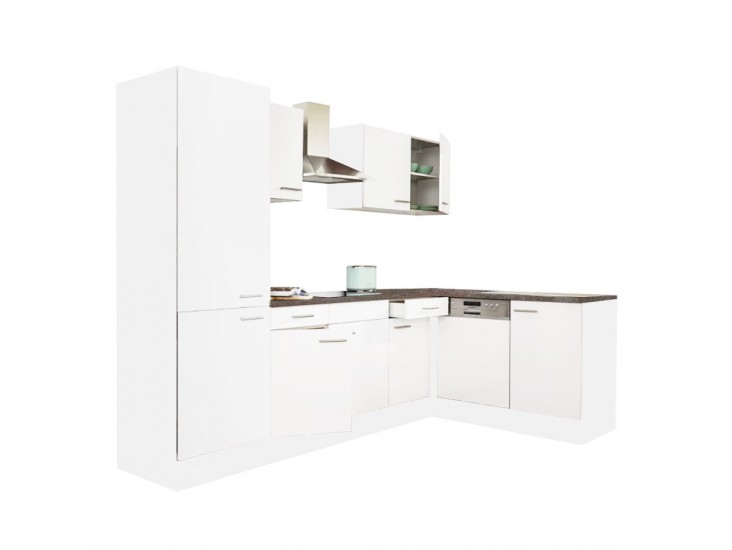 Yorki 280 sarok konyhabútor fehér korpusz,selyemfényű fehér fronttal polcos szekrénnyel