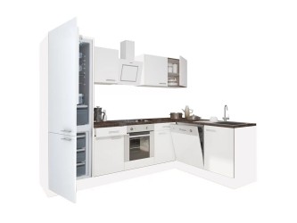 Yorki 280 sarok konyhabútor fehér korpusz,selyemfényű fehér front alsó sütős elemmel alulagyasztós hűtős szekrénnyel