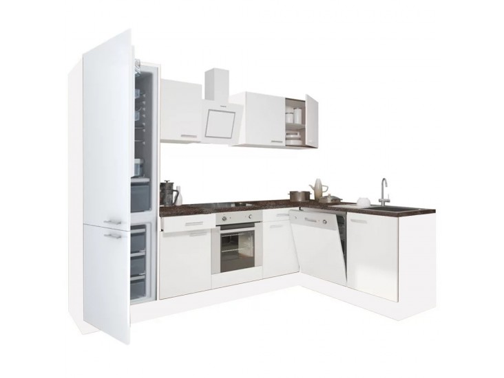 Yorki 280 sarok konyhabútor fehér korpusz,selyemfényű fehér front alsó sütős elemmel alulagyasztós hűtős szekrénnyel