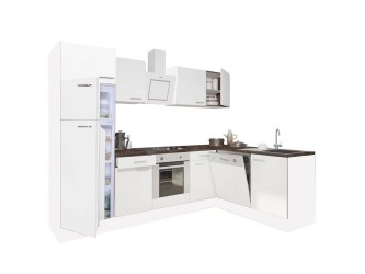 Yorki 280 sarok konyhabútor fehér korpusz,selyemfényű fehér front alsó sütős elemmel felülfagyasztós hűtős szekrénnyel