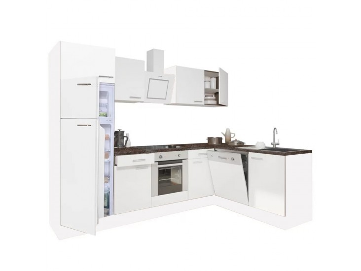 Yorki 280 sarok konyhabútor fehér korpusz,selyemfényű fehér front alsó sütős elemmel felülfagyasztós hűtős szekrénnyel