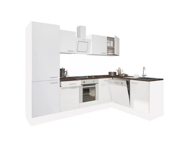 Yorki 280 sarok konyhabútor fehér korpusz,selyemfényű fehér front alsó sütős elemmel polcos szekrénnyel