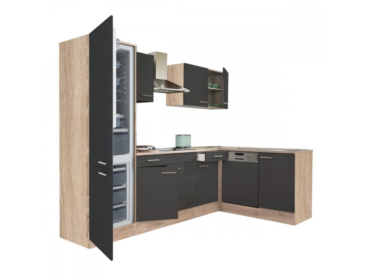 Yorki 280 sarok konyhabútor sonoma tölgy korpusz,selyemfényű antracit fronttal alulagyasztós hűtős szekrénnyel
