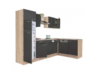 Yorki 280 sarok konyhabútor sonoma tölgy korpusz,selyemfényű antracit fronttal felülfagyasztós hűtős szekrénnyel
