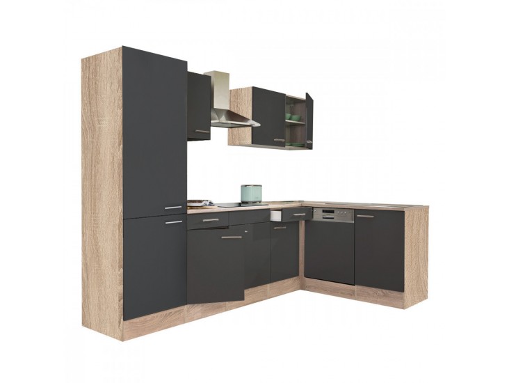 Yorki 280 sarok konyhabútor sonoma tölgy korpusz,selyemfényű antracit fronttal polcos szekrénnyel